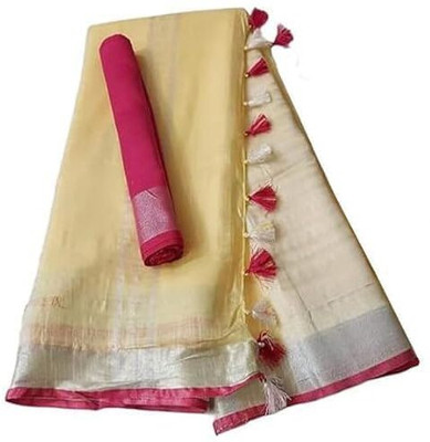 WEAVE TRENDS Solid/Plain, Woven Bollywood Dupion Silk Saree(Cream)