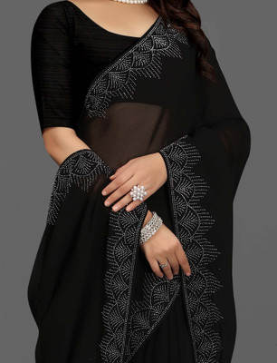 patu plus Solid/Plain, Embroidered Bollywood Georgette Saree(Black)