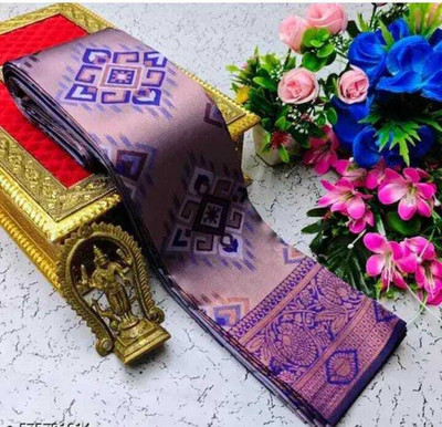 het designer studio Floral Print, Embroidered, Woven, Self Design Banarasi Jacquard, Art Silk Saree(Purple)