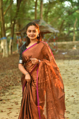dreamy textiles hub Solid/Plain Handloom Handloom Tissue Saree(Pink)