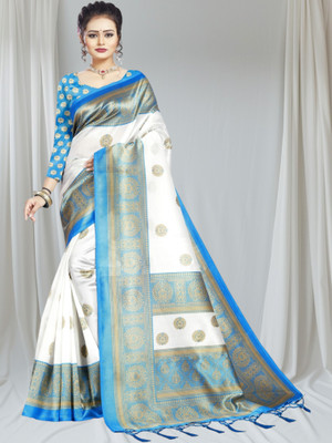 Grubstaker Printed Banarasi Tussar Silk Saree(Blue)