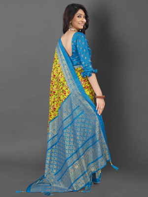 Divastri Printed Pochampally Cotton Blend Saree(Light Green)