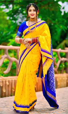 AYEZAL Temple Border, Woven Sambalpuri Handloom Silk Blend Saree(Gold, Dark Blue)