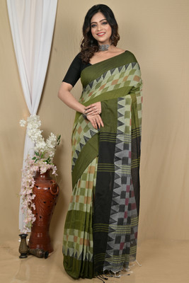 DipDiya Printed Handloom Pure Cotton Saree(Dark Green)