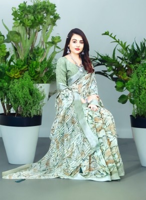 lugra Printed Bollywood Cotton Linen Saree(Light Green)