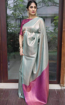 Parangi-A planet of style Woven Banarasi Cotton Silk Saree(Grey, Pink)