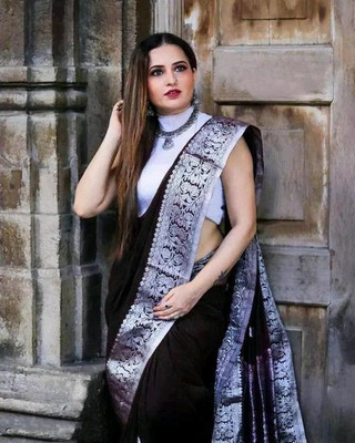 Flosive Striped Banarasi Pure Silk Saree(Black)