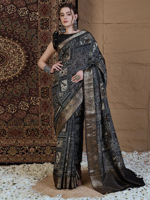 ANOUK Printed Chinnalapattu Viscose Rayon Saree(Black)