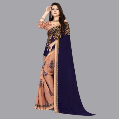 kashvi sarees Floral Print Daily Wear Georgette Saree(Dark Blue, Orange)