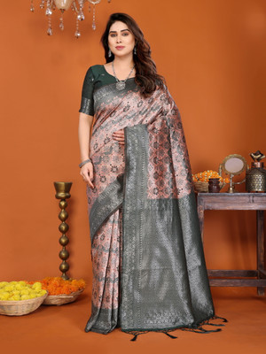 VASTUKALA Woven Kanjivaram Pure Silk, Art Silk Saree(Orange, Green)