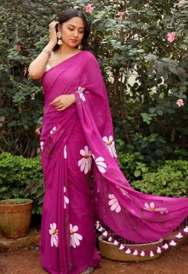 Shubharam Floral Print, Printed Bollywood Linen, Cotton Blend Saree(Pink)