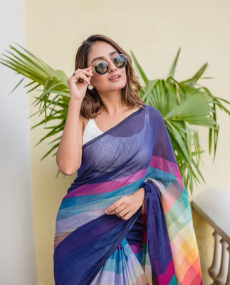 RAGISHA ENTERPRISE Striped Bollywood Linen Saree(Dark Blue, Multicolor)