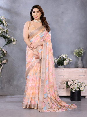 HouseOfCommon Printed Bollywood Linen Saree(Cream)