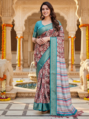 ZAMUNA Digital Print, Floral Print, Woven, Animal Print Banarasi Tussar Silk, Linen Saree(Dark Green, Brown)