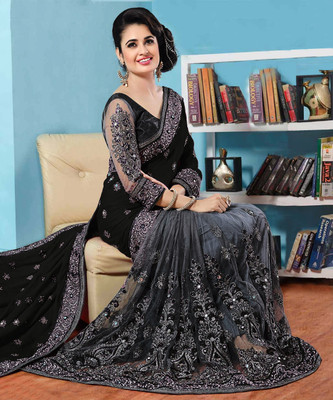 b bella creation Embellished Bollywood Net Saree(Black, Grey)