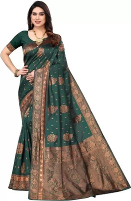 Moda Repido Woven Banarasi Pure Silk Saree(Dark Green)