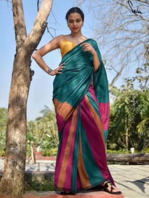 Kamana Textile Color Block, Self Design, Woven, Blocked Printed Handloom Cotton Blend Saree(Multicolor)