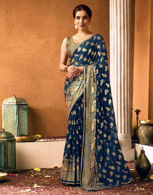 Samah Printed, Temple Border, Embellished Bollywood Georgette Saree(Blue)