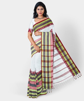 Damudar sarees Temple Border Handloom Cotton Blend Saree(White)