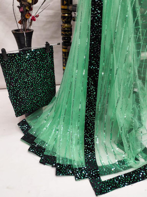 monprence Embroidered Bollywood Net Saree(Green)