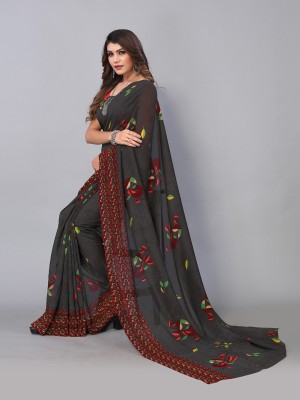 Fourleaf Blocked Printed, Floral Print, Printed Bollywood Georgette Saree(Grey)