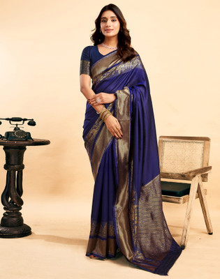 Samah Woven, Embellished Kanjivaram Silk Blend, Jacquard Saree(Dark Blue)