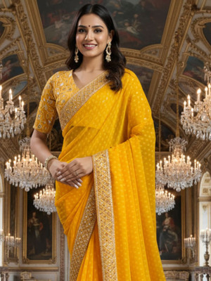 all about you Printed Bandhani Georgette Saree(Yellow)