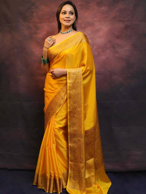 Shop Deals Printed, Solid/Plain Banarasi Silk Blend Saree(Yellow)