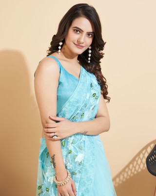 Vivera Embroidered Bollywood Net Saree(Light Blue)
