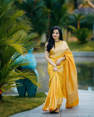 Anjaneya Sarees Self Design Banarasi Silk Blend Saree(Yellow)