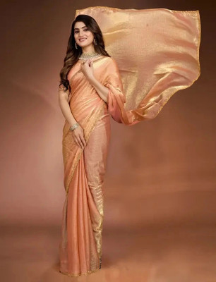 Online Bazaaar Embellished, Embroidered, Solid/Plain Pre Draped Saree Chiffon, Pure Silk Saree(Orange)