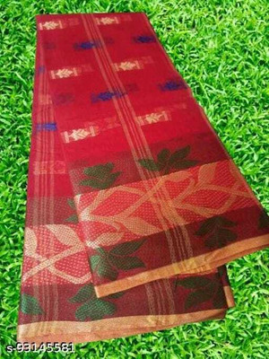 Sthaker Self Design Handloom Cotton Blend Saree(Red)