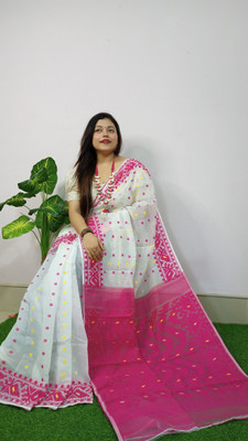 HouseOfCommon Solid/Plain Handloom Cotton Blend Saree(Dark Green)