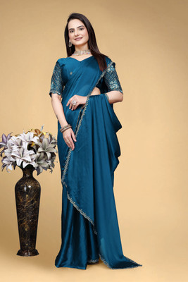 saanvi Solid/Plain, Self Design Bollywood Silk Blend Saree(Dark Blue)