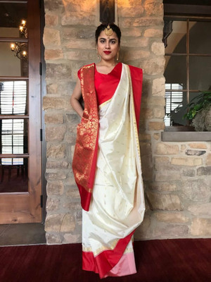 shree ambaji saree Woven Kanjivaram Handloom Art Silk Saree(White)