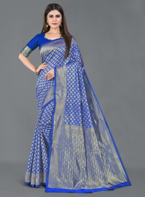 ARNOYA CREATION Self Design Kanjivaram Cotton Silk Saree(Dark Blue)