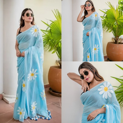 Marabout Digital Print Bollywood Cotton Linen Saree(Blue)