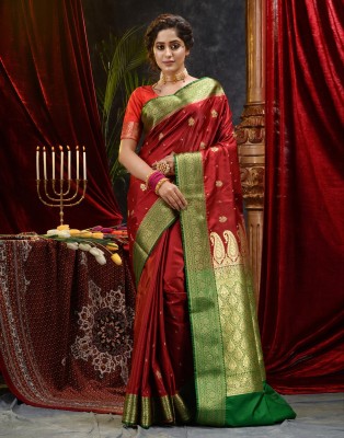 SAAREE GHAR Embroidered Banarasi Handloom Satin Saree(Maroon)