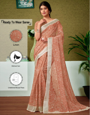 Satrani Floral Print, Geometric Print, Embellished Bollywood Linen Saree(Brown)
