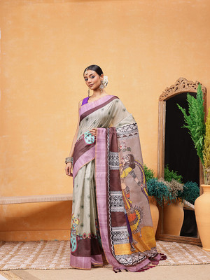 Divastri Digital Print Chanderi Cotton Blend Saree(Grey)