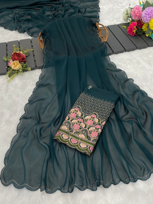 KONICA FAB Embroidered Bollywood Chiffon Saree(Dark Blue)