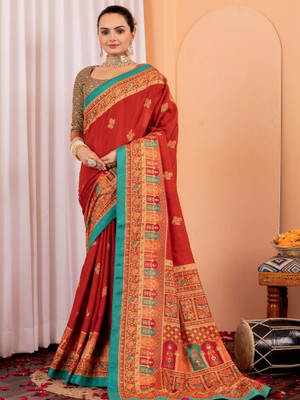 Tasrika Printed Daily Wear Silk Blend Saree(Red, Brown)