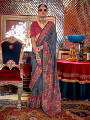 ANOUK Printed Kanjivaram Silk Blend Saree(Grey)