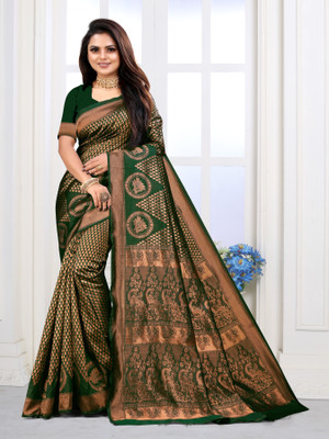 SHUBHAMENTERPRISE0 Woven Banarasi Silk Blend Saree(Dark Green)