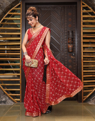 YASHIKA Printed Bollywood Georgette, Lace Saree(Red)