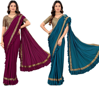 HARIOM FASHION Solid/Plain Bollywood Lycra Blend Saree(Pack of 2, Multicolor)