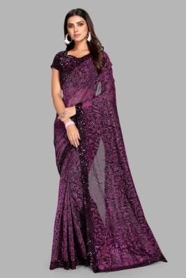 Online Bazaaar Floral Print, Embellished Bollywood Lycra Blend Saree(Purple)