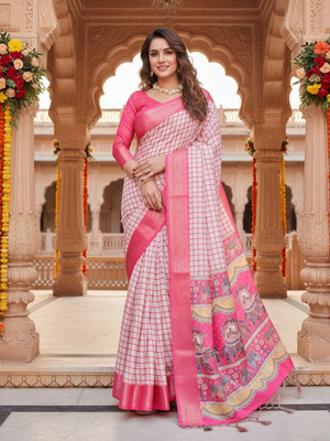 ZAMUNA Digital Print, Floral Print, Woven, Animal Print Banarasi Tussar Silk, Linen Saree(White, Pink)
