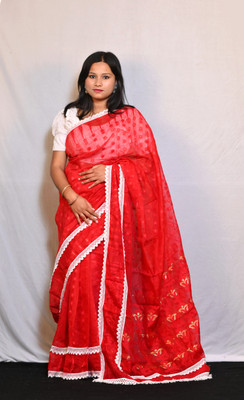 RIDDHIMAN FASHION Woven Jamdani Cotton Silk Saree(Red)