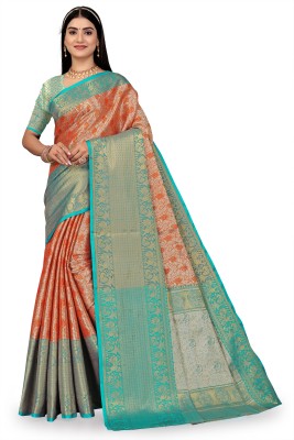 GROWNEXTT Woven Kanjivaram Art Silk Saree(Orange)